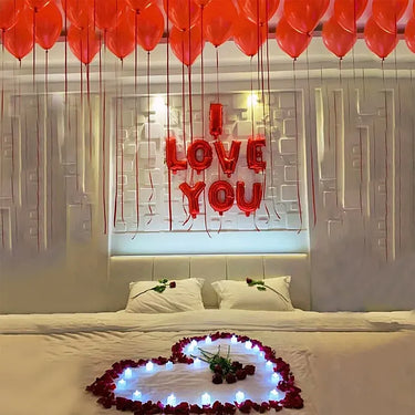I Love You Balloon Decor, Red Balloons, Tea Candles, Red Roses, Rose Petals